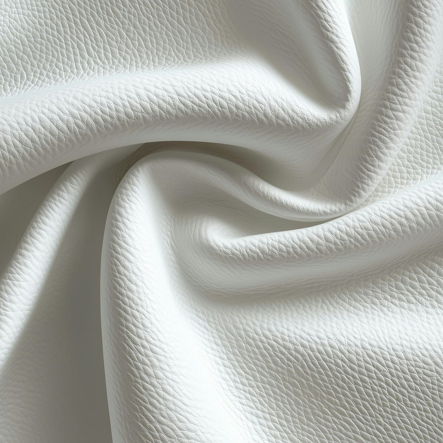 Close-up of full-grain leather folded into soft curves, the pebbled surface catching a low raking light